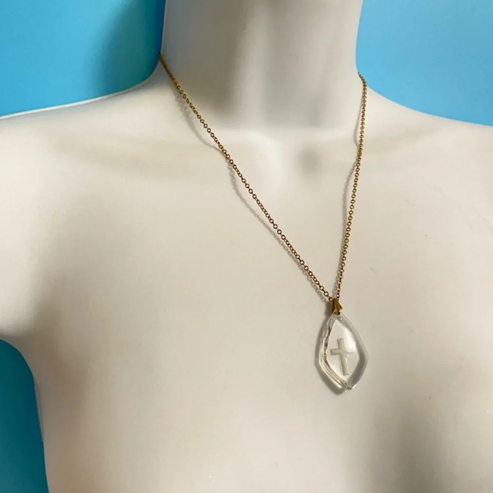 EMMONS Intaglio Crystal Clear Glass Reverse Cross  Christian Pendant 18” Chain